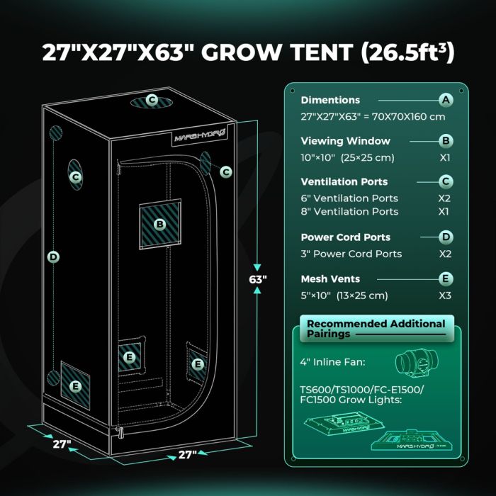 [Beginners' Choice] Mars Hydro Hydroponic 2x2 Grow Tent - 27''X27''X63'' (70X70X160cm)