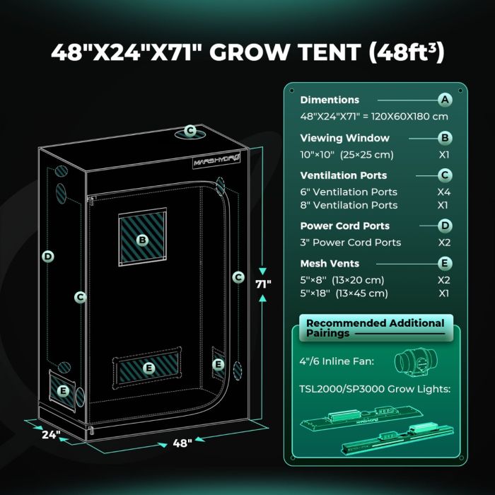 Mars Hydro Hydroponic 4x2 Grow Tent - 48''X24''X71'' (120X60X180cm)