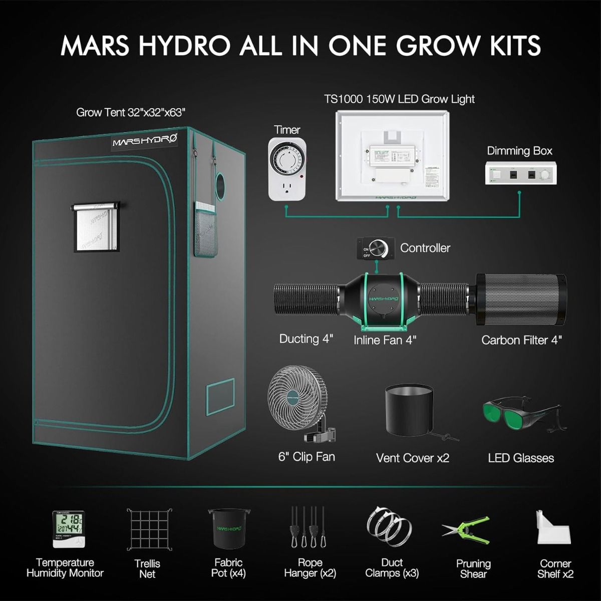 Mars Hydro TS 1000 LED Grow Light + 2.7'X2.7'(32"x32"x63") Indoor Complete Grow Tent Kit